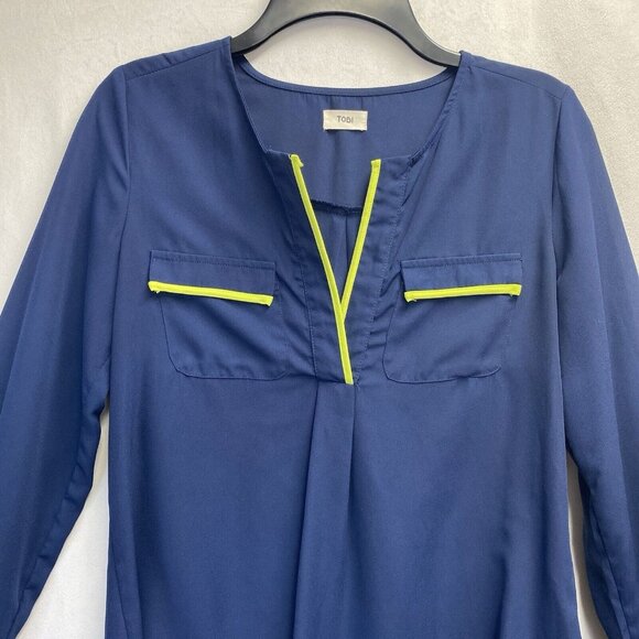 TOBI Semi Sheer Slit Crew Neck Long Sleeve Blouse Women Small Navy Hi-Lo Hem - Picture 15 of 16